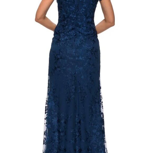 La Femme Navy Blue Shimmer Floral Embroidered A-Line Gown - Picture 3 of 3